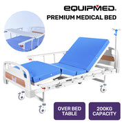 Medical Bed, w/ Mattress & Over Bed Table, Easy Manual Back and Leg Incline Adjustable, IV Pole, Home Aged Care or ICU Hospital