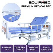 Medical Bed, w/ Mattress & Over Bed Table, Back and Leg Lifting, Lateral Tilting, Commode Bowl, IV Pole, Home Aged Care or ICU Hospital
